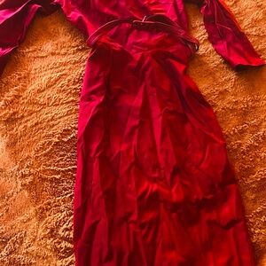 Amazon Red Pleated Ruched Long Sleeve Gown